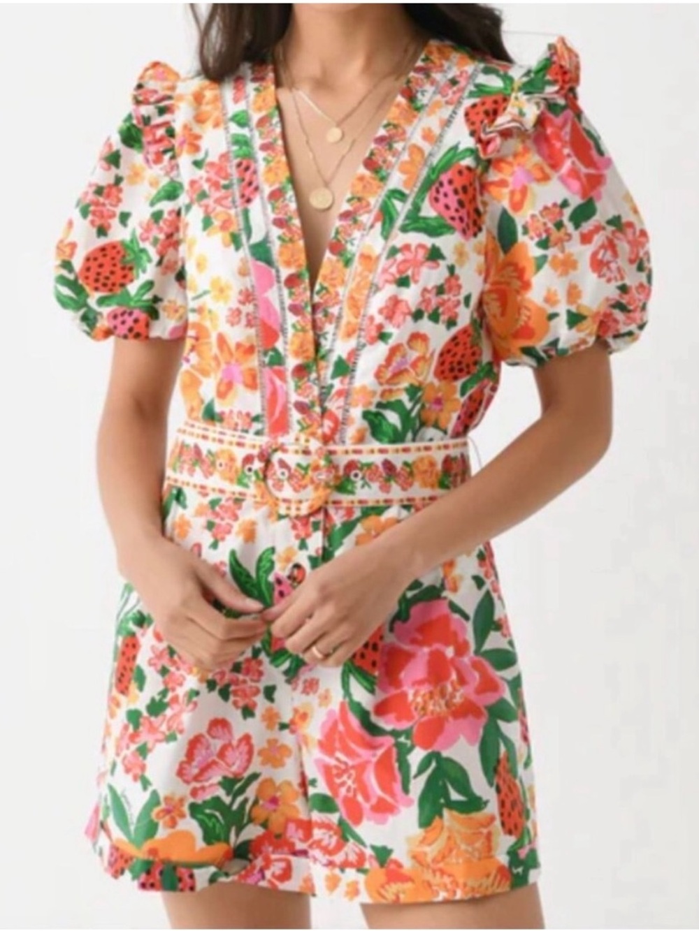 FARM Rio White Floral Strawberry Print Puff Sleeve Romper